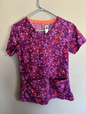Carhartt Purple Floral Short Sleeve Scrub Top with Orange Trim